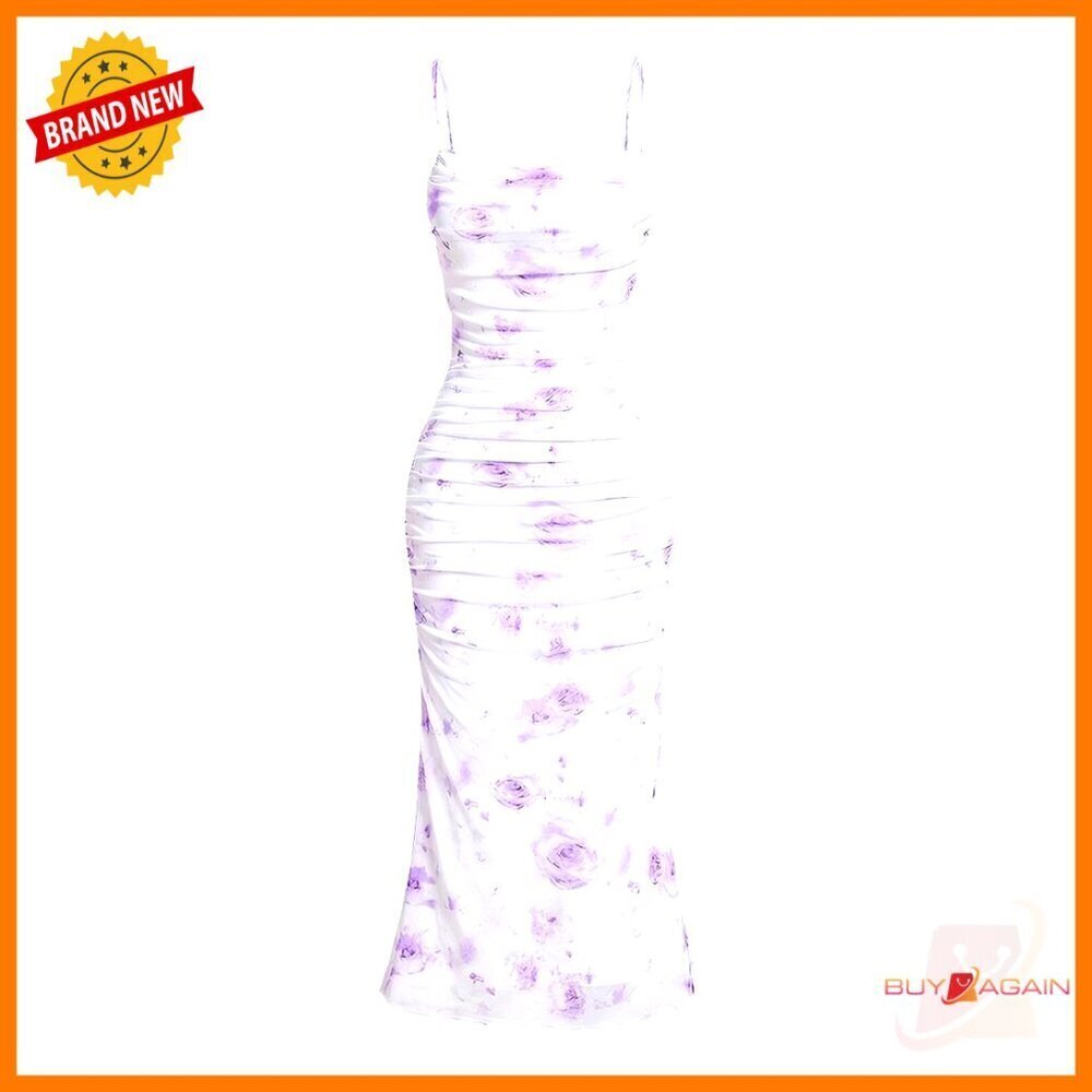 Floral Ruched Bodycon Midi Dress Sleeveless Mesh Fishtail Elegant Party Wear